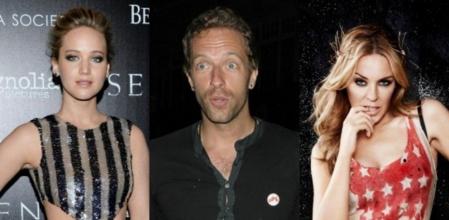 Combo con las imágenes de Chris Martin, Jennifer Lawrence y Kylie Minogue