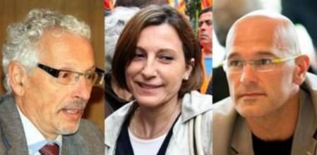 El juez Santiago Vidal, la expresidenta de la ANC, Carme Forcadell, y el ex eurodiputado de ICV, Raül Romeva.