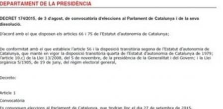 Imagen de la primera página del DOGC con la convocatoria electoral del 27S