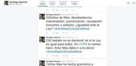 Captura de pantalla de los tuits lanzados por el candidato de Vox, Santiago Abascal