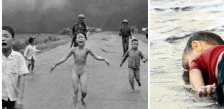 Montaje con las fotografías realizadas por Nick Ut y Nilüfer Demir