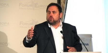 El presidente de ERC y número 5 de Junts Pel Sí, Oriol Junqueras, durante la conferencia en el Fòrum Europa