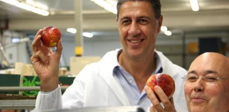 Albiol muestra una manzana a la cámara en una visita a una empresa frutera de Alcarràs