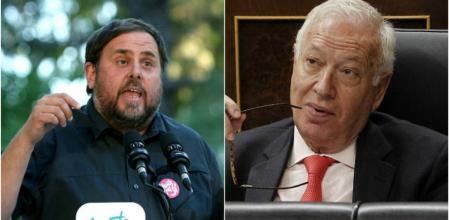 El candidato Oriol Junqeras, en campaña, y el ministro Margallo, en el Congreso