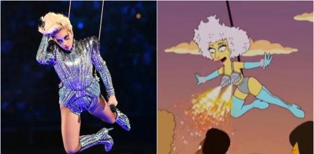 Lady Gaga voló con un arnés en la Super Bowl, un numero parecido al que ofreció en la ficción de los Simpson
