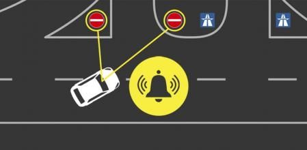 El sistema emite una señal luminosa y acústica cuando se cruza con un cartel de prohibido pasar