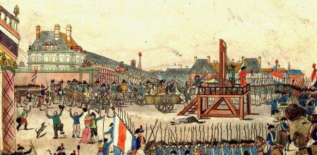 La ejecución de Robespierre. Aparece sentado en el carro cerca del cadalso con un pañuelo sobre la boca.