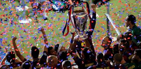 El FC Barcelona festejando su última Champions League