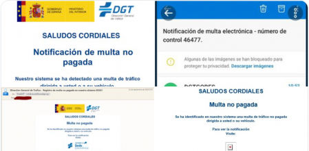 La DGT ha compartido en sus redes sociales algunos de los mails fraudulentos con la notificación de multas falsas