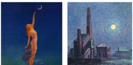 Alcanzando la luna (1933) y Fábrica a la luz de la luna (1898), obras de Edward Eggleston y Maximilien Luce