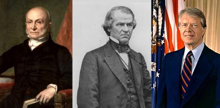 Los presidentes estadounidenses John Quincy Adams, Andrew Johnson y Jimmy Carter