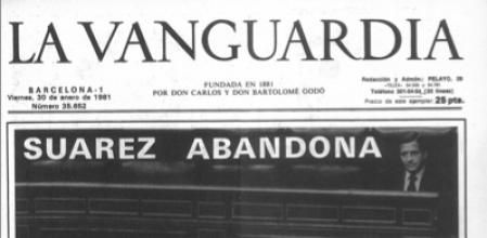 La dimisión de Suárez en la portada de 'Guyana Guardian ' del  30 de enero de 1981, es decir, el día después de la dimisión de Adolfo Suárez,