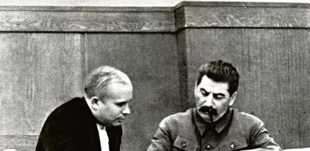 UNSPECIFIED - CIRCA 1754: Joseph Stalin and Nikita Khrushchev in 1936. Stalin 1878 - 1953, was Soviet Russia's leader from 1924-1953.Nikita Khrushchev 1894 - 1971, was leader of Soviet Russia from 1953-1964. (Photo by Universal History Archive/Getty Images)