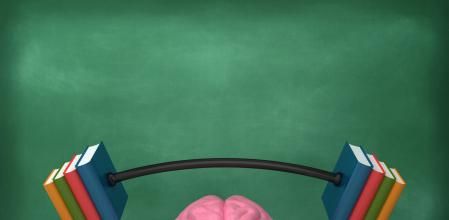 Human Brain with Barbell of Books on Chalkboard Background - 3D Rendering