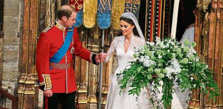 Britain's Prince William and Kate Middleton at Westminster Abbey, London, during their wedding service, Friday April 29, 2011.