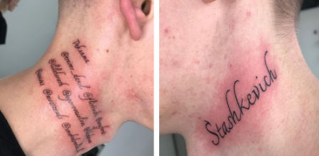 Onokonda muestra algunos de sus nuevos clientes tatuados en el cuello