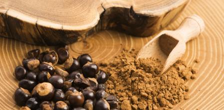Semillas de guaraná y guaraná molido