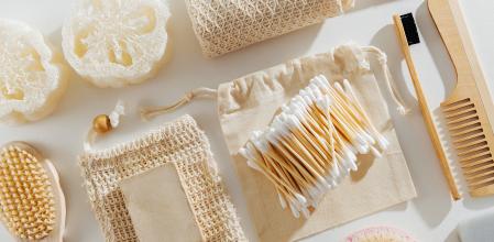 Eco natural bathroom accessories, natural cosmetics products and tools. Zero waste concept. Plastic free. Flat lay, top view