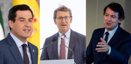 Juanma Moreno (i), Feijoo (c) y Fernández Mañueco (d), presidentes de Andalucía, Galícia y de Castilla y León, respectivamente