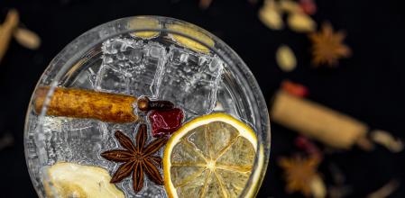 Gin drink. lemon, star anise, chilli, ginger, cinnamon, cardamom and clove