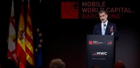 El Rey durante sus discurso, este domingo, en la cena inaugural del Mobile Word Congress