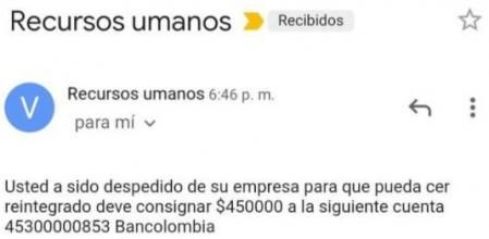 Un usuario recibe un correo electrónico alertando de que le han despedido