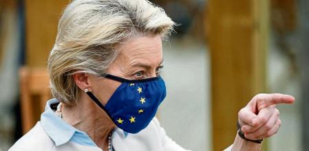 European Commission President Ursula von der Leyen speaks during an EU coordination meeting prior to the G7 meeting at the Carbis Bay Hotel in Carbis Bay, St. Ives, Cornwall, England, Friday, June 11, 2021. Leaders of the G7 begin their first of three days of meetings on Friday, in which they will discuss COVID-19, climate, foreign policy and the economy. (Phil Noble, Pool via AP)
