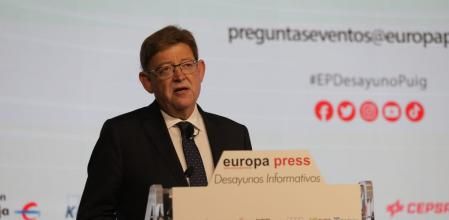 Una imagen de la intervención de Ximo Puig, presidente de la Generalitat Valenciana, en los desayunos informativos de Europa Press