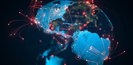 High quality 3D rendered image, perfectly usable for topics related to big data, global networks, international flight routes or the spread of a pandemic / computer virus. Special focus on Brazil and the USA.
Textures courtesy of NASA: https://visibleearth.nasa.gov/images/55167/earths-city-lights, https://visibleearth.nasa.gov/images/73934/topography