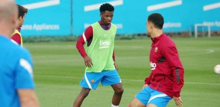 Ansu Fati, en el entrenamiento de este martes del Barça
