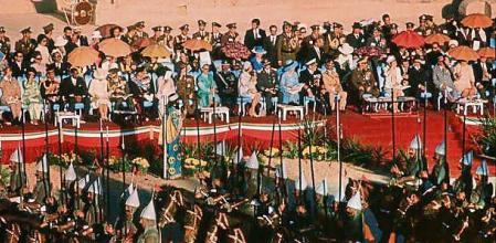In October 1971 the Shah of Iran and his wife the Shahbanu hosted a lavish party in the ruins of Persepolis to celebrate the 2500th anniversary of the founding of the Iranian Empire by Cyrus the Great. More than 6o foreign heads of State and Royals, including Emperor haile Selassie, King Hussein, Prince Charles, Tito, Podgorny, Spiro Agnew were housed in opulent tents in the ruins. The extravagance of the festivities is said to have hastened the overthrow of the Shah.