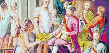 Moctezuma paga tributo a Hernán Cortés. Pintura de la serie 'Historia de la conquista de México', 1763-1800
