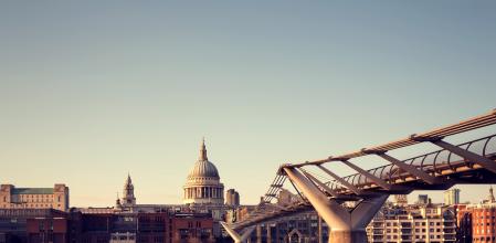 London cityscape with St Paul's Cathedral and Millennium Bridge at day. Long exposure, ND filter.
