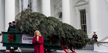 Washington (Usa), 22/11/2021.- US First Lady Jill Biden (C) receives the official 2021 White House Christmas Tree on the North Portico of the White House in Washington, DC, USA, 22 November 2021. Rusty and Beau Estes of Peak Farms presented the tree, an 18 foot Fraser fir from Jefferson, North Carolina. (Estados Unidos) EFE/EPA/JIM LO SCALZO