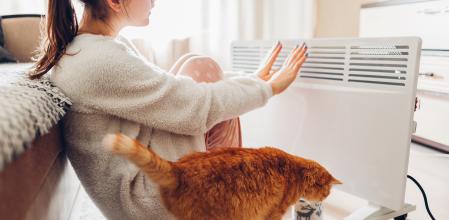 Usar el calentador en la casa en invierno. Mujer calentando sus manos con gato.