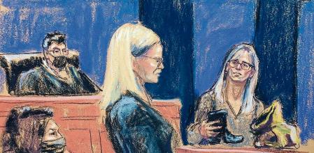 Witness Annie Farmer displays cowboy boots Jeffrey Epstein she says he purchased for her as she is questioned by defense attorney Laura Menninger during the trial of Ghislaine Maxwell, the Jeffrey Epstein associate accused of sex trafficking, in a courtroom sketch in New York City, U.S., December 10, 2021. REUTERS/Jane Rosenberg