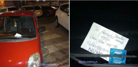 Esta es la irónica nota con un preservativo que un ciudadano dejó en el parabrisas de un coche aparcado en un paso de peatones