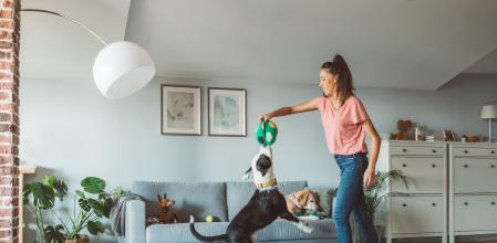 Una joven jugando con su perro en casa