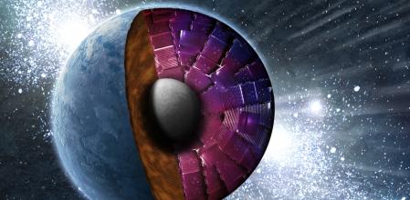 Concepción artística de la sección transversal de una supertierra con la cámara del objetivo de la National Ignition Facility superpuesta sobre el manto mirando hacia el núcleo