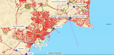 En el mapa figuran los ocho depósitos destinados a recoger las aguas para evitar su vertido sin filtrar y la contaminación del litoral alicantino
