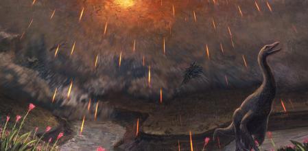 Reconstrucción artística de una ola entrando en el río Tanis, arrastrando peces y todo lo que encuentra a su paso, mientras llueven del cielo esférulas de impacto.