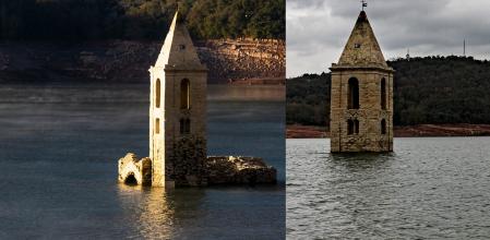 Imagen comparativa del nivel de agua en el pantano de Sau el 6 de enero y el 18 de marzo.