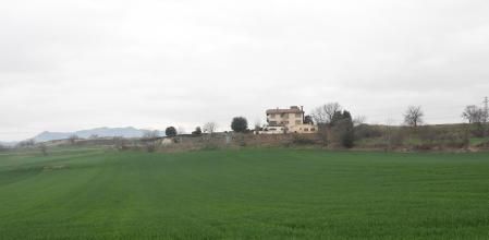 Un campo verde en Manlleu bajo un cielo gris que anuncia lluvias.
