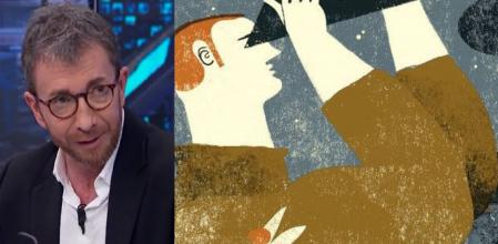 Pablo Motos junto a un extracto de 'El Astrónomo', la obra de la ilustradora 'Malota' que se utilizó en 'El Hormiguero'