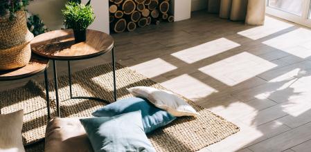 Estancia decorada con una alfombra de yute