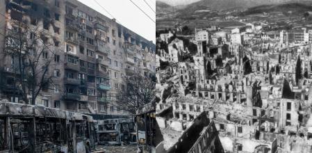 A la izquierda, la ciudad de Mariúpol (Ucrania); a la derecha, Gernika (País Vasco).