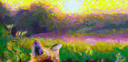 Cuadro generado por IA de un zorro sentado en un campo al amanecer al estilo de Claude Monet.con Dalle-2