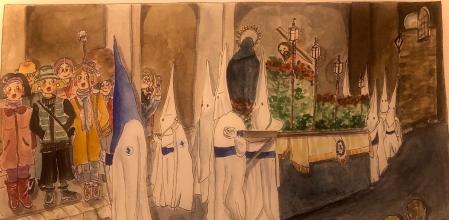 Las Tietes siguiendo la Procesión del Santo Entierro en Girona.