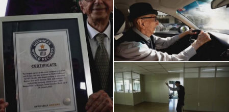 Walter Orthman sosteniendo su Récord Guinness y conduciendo