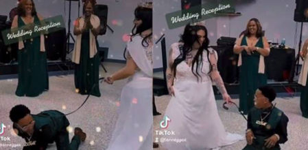 La extraña aparición de un novio en su boda atado como un perro y bailando a cuatro patas